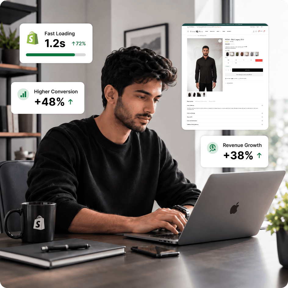 Developer optimising a Shopify product page with conversion and revenue growth stats