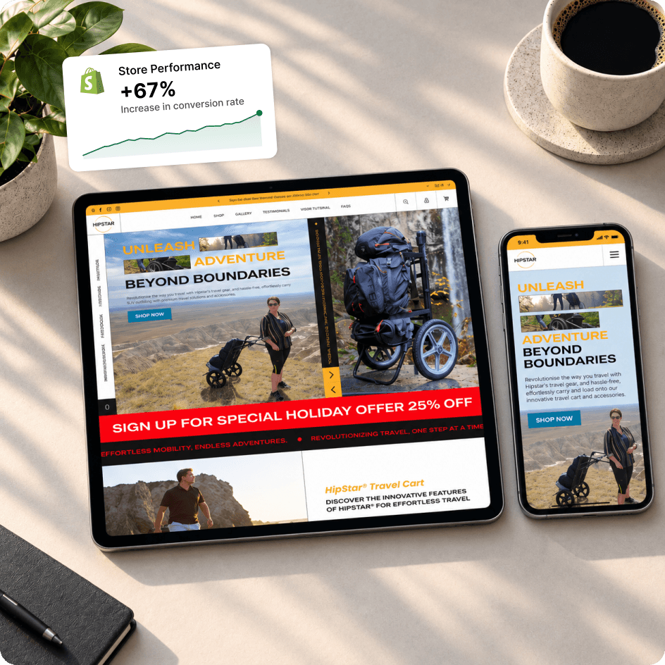 Shopify store shown on tablet and phone with a +67% conversion rate increase